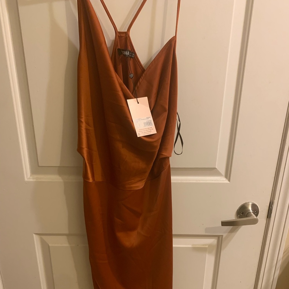 Missguided Rust Satin asymmetrical dress